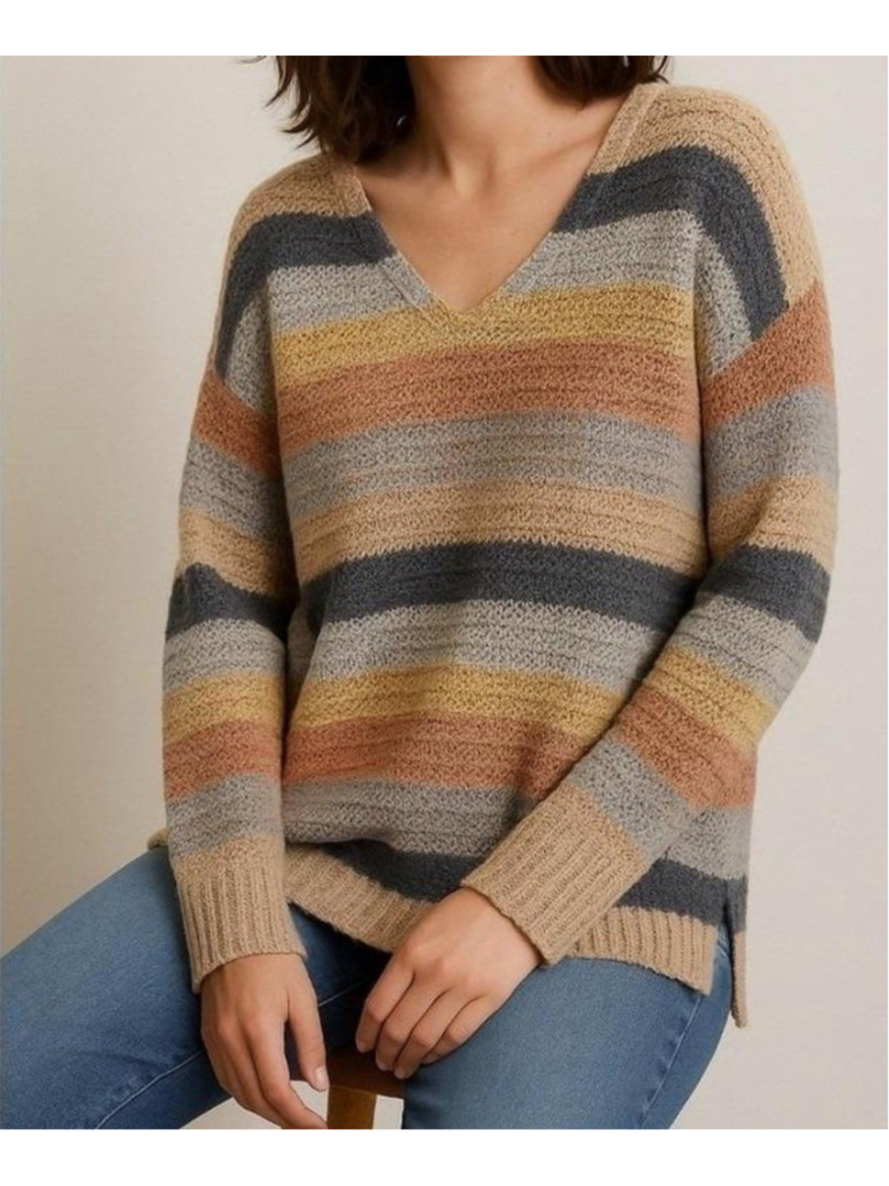Davi & Dani 1XL Striped Lightweight Knit Sweater Boho V-Neck Pullover - Picture 1 of 5